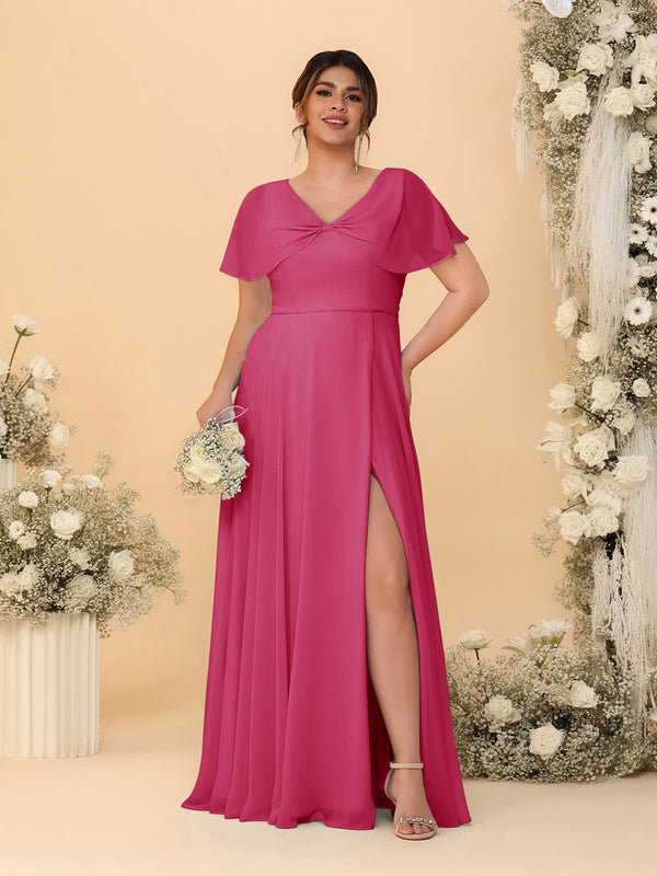 A-Line/Princess V-Neck Short Sleeves Plus Size Bridesmaid Dresses With Side Slit