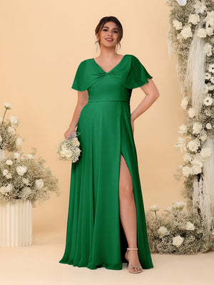 A-Line/Princess V-Neck Short Sleeves Plus Size Bridesmaid Dresses With Side Slit