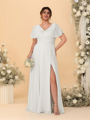A-Line/Princess V-Neck Short Sleeves Plus Size Bridesmaid Dresses With Side Slit