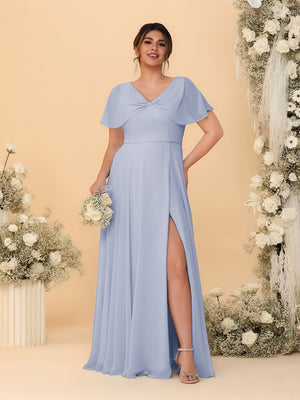 A-Line/Princess V-Neck Short Sleeves Plus Size Bridesmaid Dresses With Side Slit