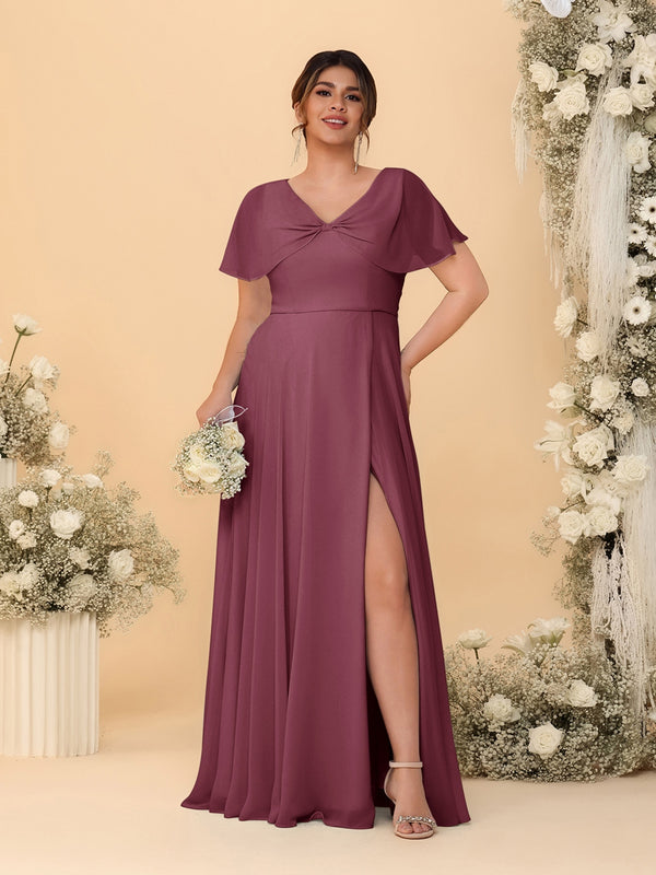 A-Line/Princess V-Neck Short Sleeves Plus Size Bridesmaid Dresses With Side Slit