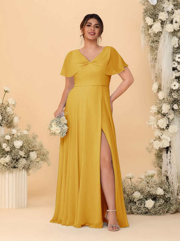 A-Line/Princess V-Neck Short Sleeves Plus Size Bridesmaid Dresses With Side Slit