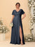 A-Line/Princess V-Neck Short Sleeves Plus Size Bridesmaid Dresses With Side Slit