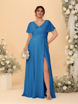 A-Line/Princess V-Neck Short Sleeves Plus Size Bridesmaid Dresses With Side Slit