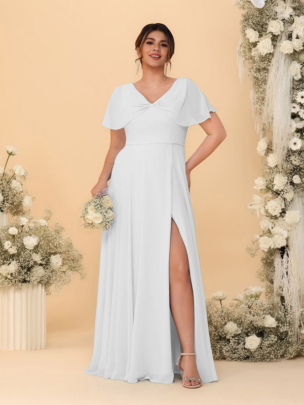 A-Line/Princess V-Neck Short Sleeves Plus Size Bridesmaid Dresses With Side Slit
