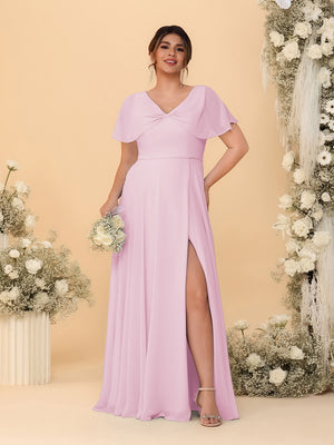A-Line/Princess V-Neck Short Sleeves Plus Size Bridesmaid Dresses With Side Slit