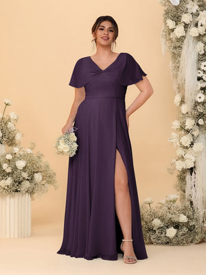 A-Line/Princess V-Neck Short Sleeves Plus Size Bridesmaid Dresses With Side Slit