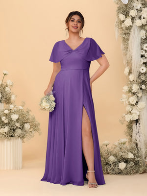 A-Line/Princess V-Neck Short Sleeves Plus Size Bridesmaid Dresses With Side Slit