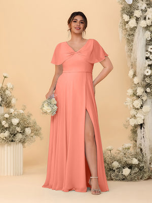 A-Line/Princess V-Neck Short Sleeves Plus Size Bridesmaid Dresses With Side Slit