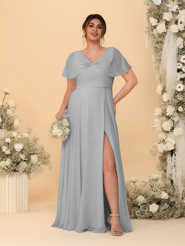 A-Line/Princess V-Neck Short Sleeves Plus Size Bridesmaid Dresses With Side Slit