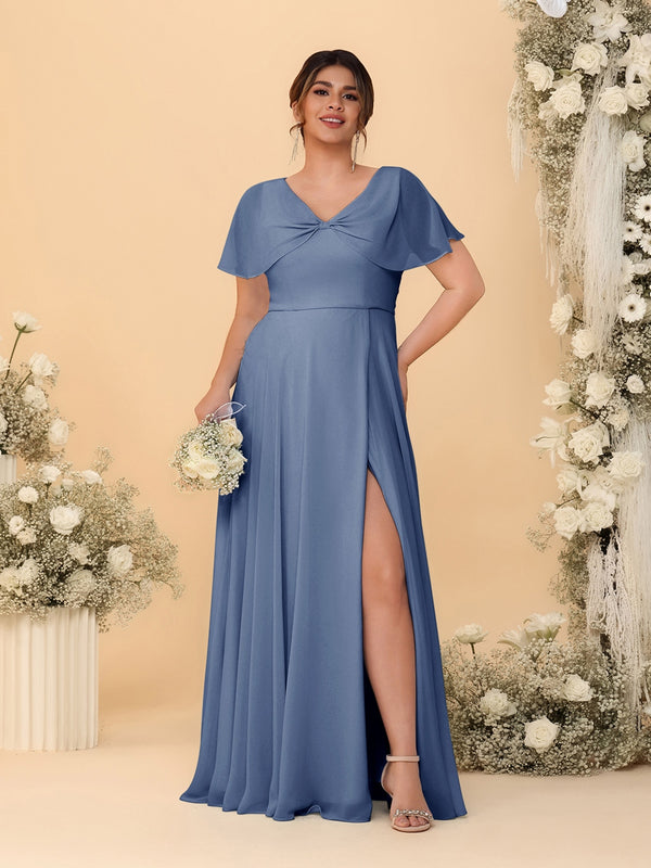 A-Line/Princess V-Neck Short Sleeves Plus Size Bridesmaid Dresses With Side Slit