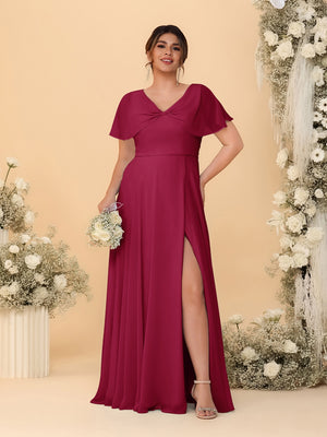 A-Line/Princess V-Neck Short Sleeves Plus Size Bridesmaid Dresses With Side Slit