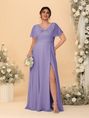 A-Line/Princess V-Neck Short Sleeves Plus Size Bridesmaid Dresses With Side Slit