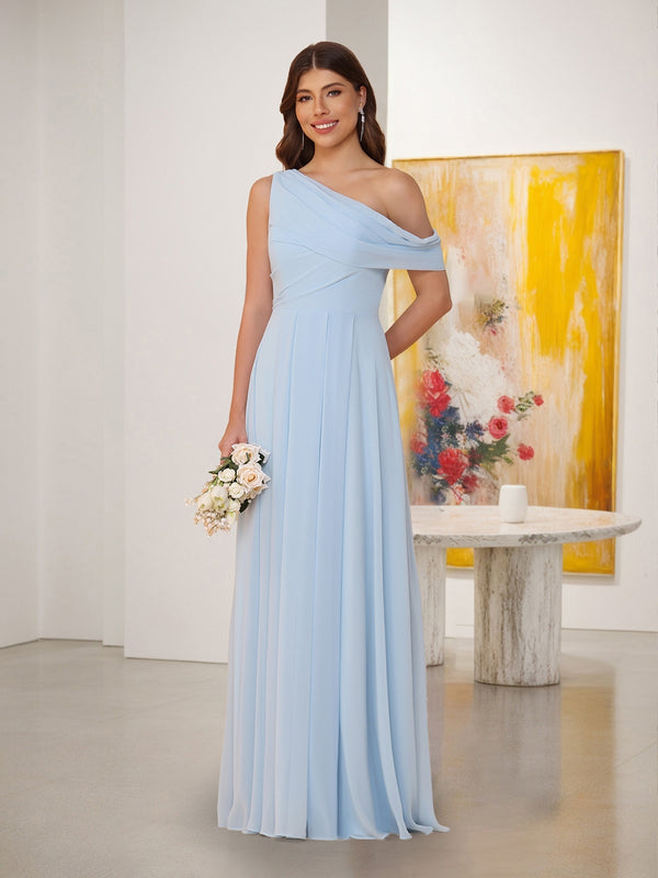 A-Line/Princess One-Shoulder Floor-Length Bridesmaid Dresses With Watteau Train