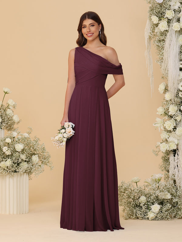 A-Line/Princess One-Shoulder Floor-Length Bridesmaid Dresses With Watteau Train