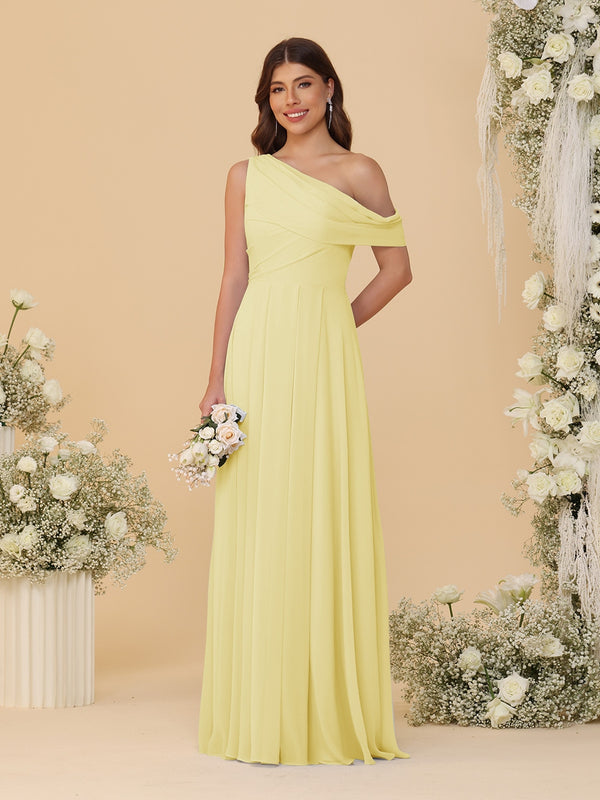 A-Line/Princess One-Shoulder Floor-Length Bridesmaid Dresses With Watteau Train