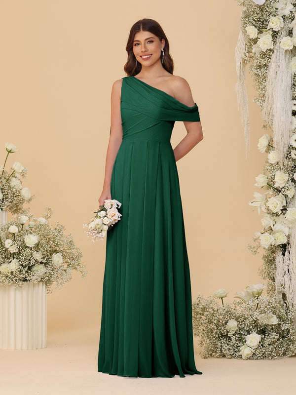 A-Line/Princess One-Shoulder Floor-Length Bridesmaid Dresses With Watteau Train