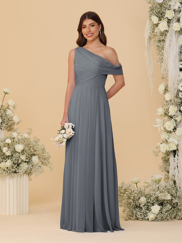 A-Line/Princess One-Shoulder Floor-Length Bridesmaid Dresses With Watteau Train
