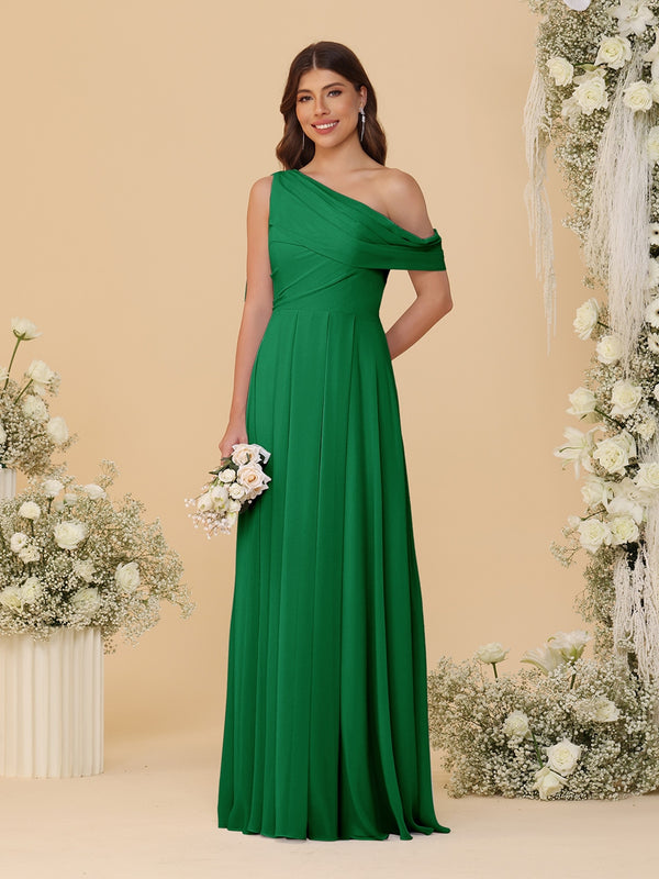 A-Line/Princess One-Shoulder Floor-Length Bridesmaid Dresses With Watteau Train