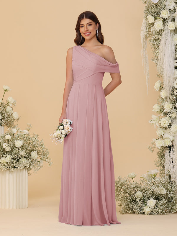 A-Line/Princess One-Shoulder Floor-Length Bridesmaid Dresses With Watteau Train