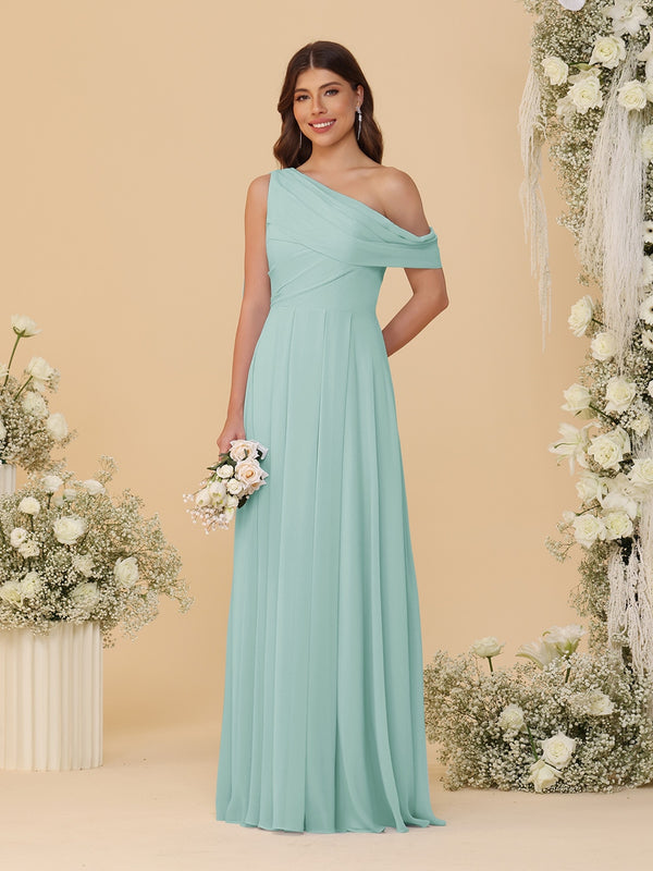 A-Line/Princess One-Shoulder Floor-Length Bridesmaid Dresses With Watteau Train