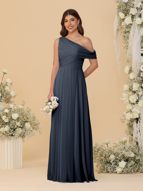 A-Line/Princess One-Shoulder Floor-Length Bridesmaid Dresses With Watteau Train