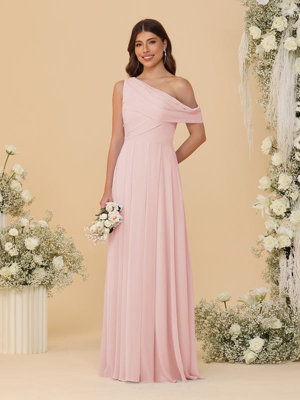 A-Line/Princess One-Shoulder Floor-Length Bridesmaid Dresses With Watteau Train