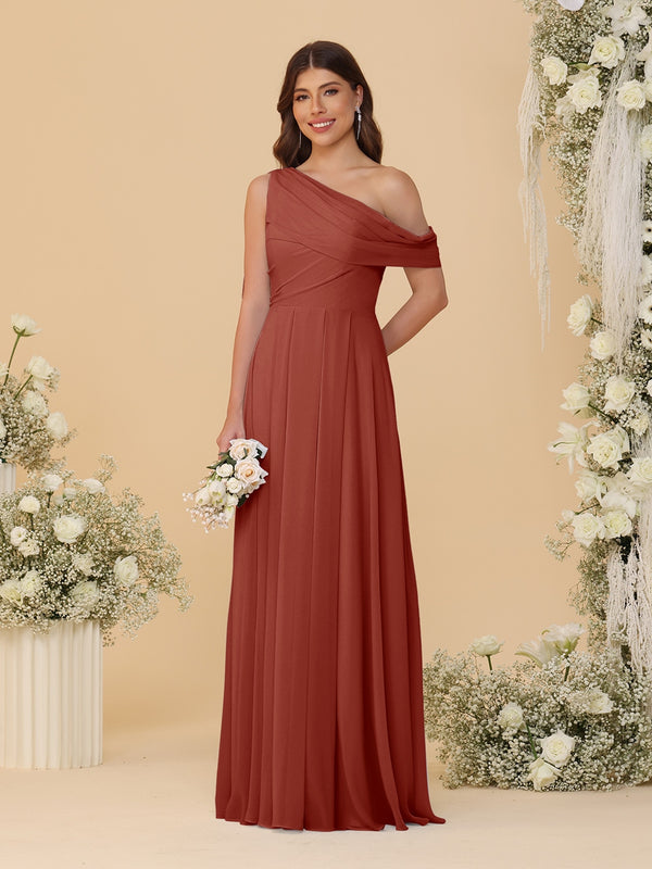 A-Line/Princess One-Shoulder Floor-Length Bridesmaid Dresses With Watteau Train
