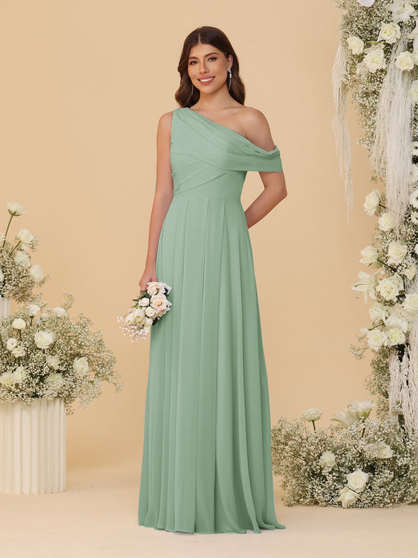 A-Line/Princess One-Shoulder Floor-Length Bridesmaid Dresses With Watteau Train