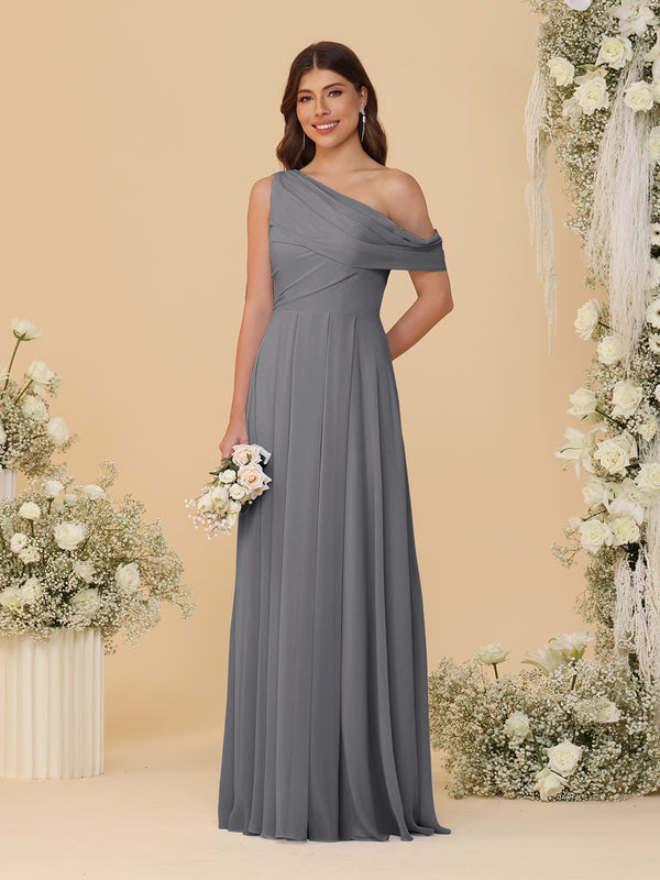 A-Line/Princess One-Shoulder Floor-Length Bridesmaid Dresses With Watteau Train