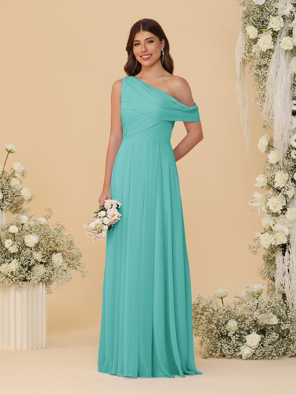 A-Line/Princess One-Shoulder Floor-Length Bridesmaid Dresses With Watteau Train