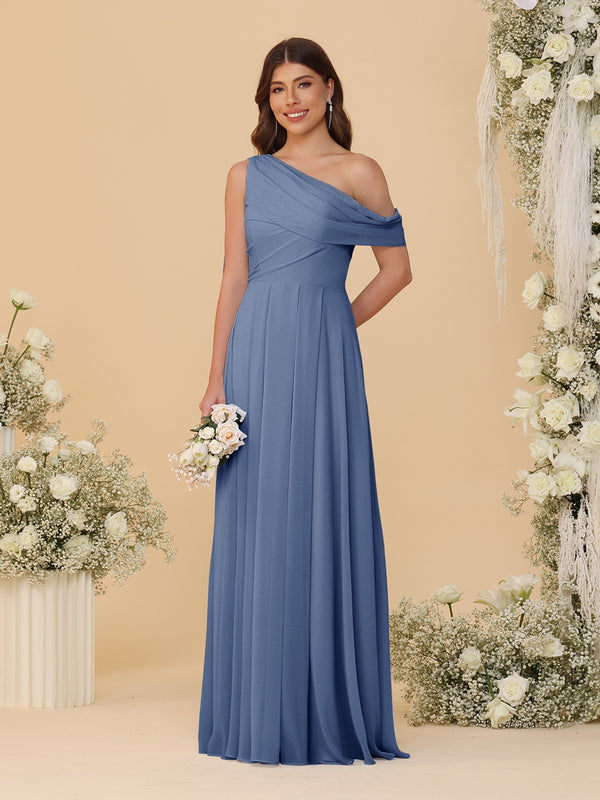 A-Line/Princess One-Shoulder Floor-Length Bridesmaid Dresses With Watteau Train