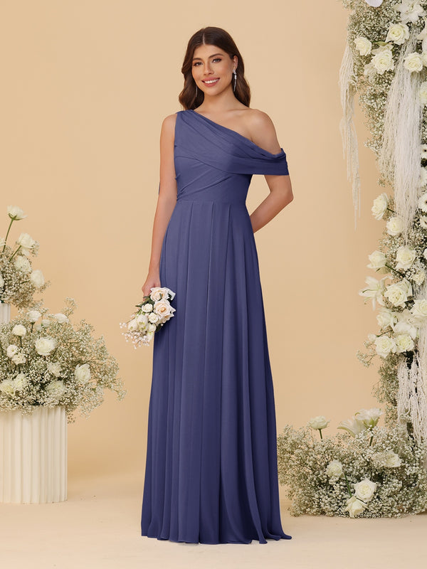 A-Line/Princess One-Shoulder Floor-Length Bridesmaid Dresses With Watteau Train