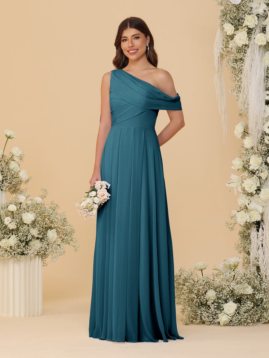 A-Line/Princess One-Shoulder Floor-Length Bridesmaid Dresses With Watteau Train