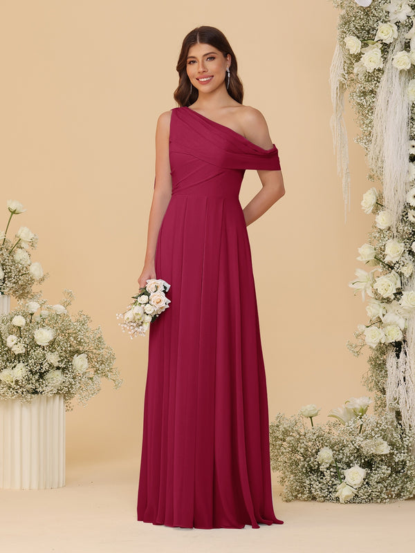 A-Line/Princess One-Shoulder Floor-Length Bridesmaid Dresses With Watteau Train