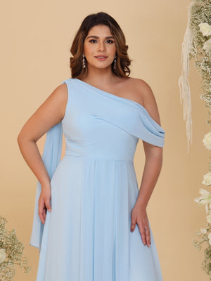 A-Line/Princess One-Shoulder Floor-Length Plus Size Bridesmaid Dresses With Watteau Train