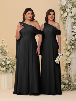 A-Line/Princess One-Shoulder Floor-Length Plus Size Bridesmaid Dresses With Watteau Train