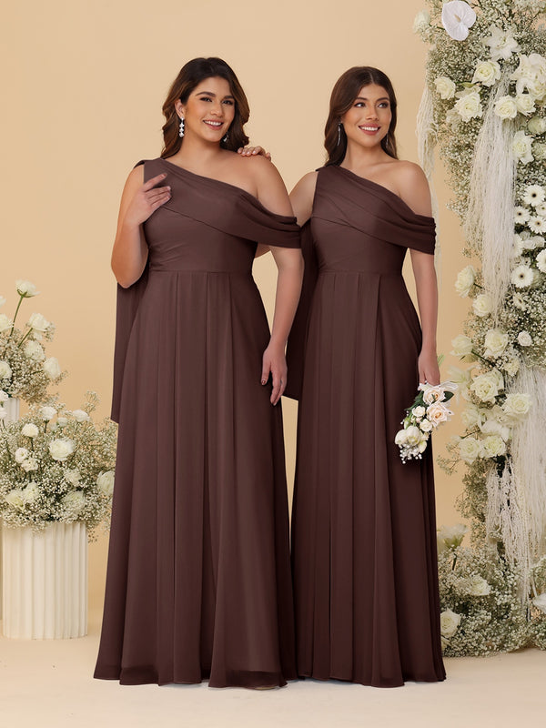 A-Line/Princess One-Shoulder Floor-Length Plus Size Bridesmaid Dresses With Watteau Train