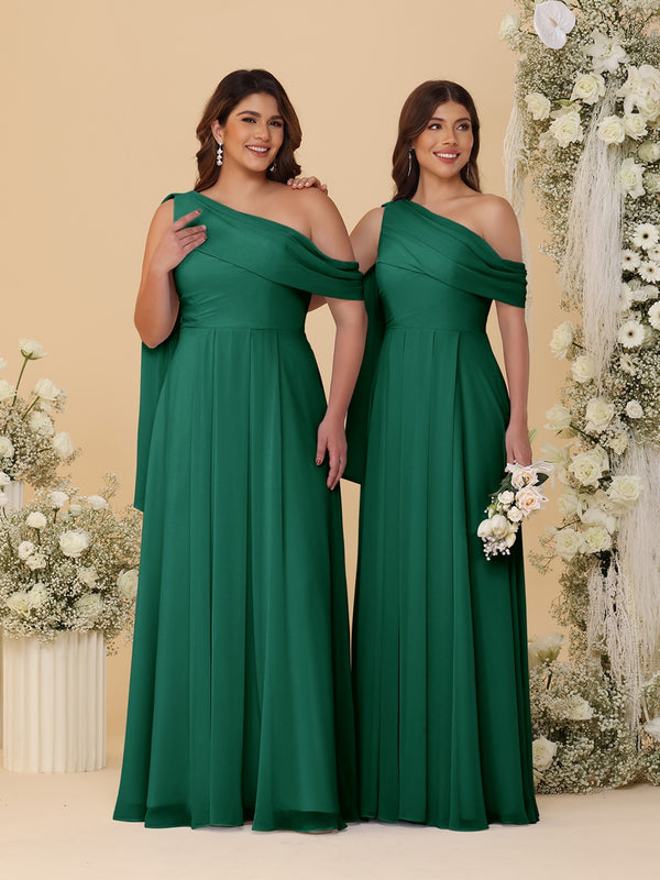 A-Line/Princess One-Shoulder Floor-Length Plus Size Bridesmaid Dresses With Watteau Train