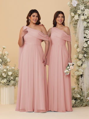 A-Line/Princess One-Shoulder Floor-Length Plus Size Bridesmaid Dresses With Watteau Train