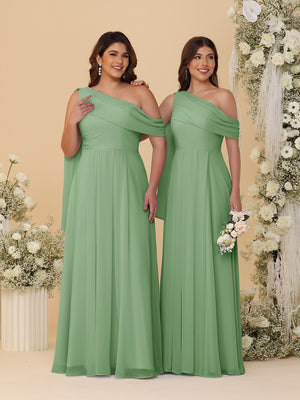 A-Line/Princess One-Shoulder Floor-Length Plus Size Bridesmaid Dresses With Watteau Train