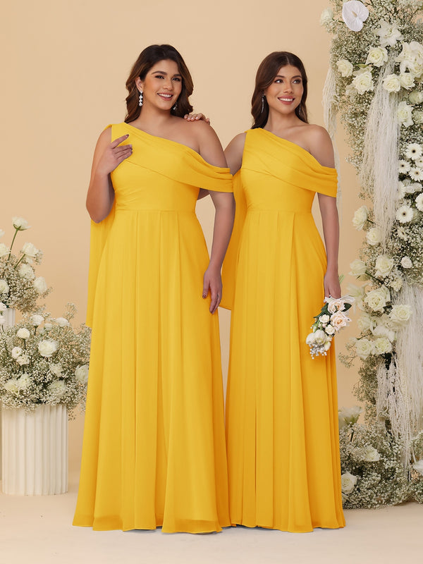 A-Line/Princess One-Shoulder Floor-Length Plus Size Bridesmaid Dresses With Watteau Train