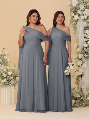A-Line/Princess One-Shoulder Floor-Length Plus Size Bridesmaid Dresses With Watteau Train