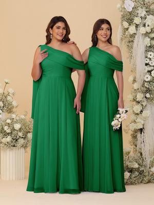 A-Line/Princess One-Shoulder Floor-Length Plus Size Bridesmaid Dresses With Watteau Train