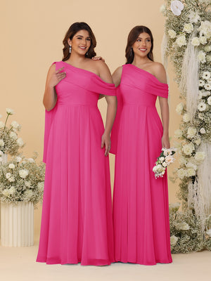 A-Line/Princess One-Shoulder Floor-Length Plus Size Bridesmaid Dresses With Watteau Train