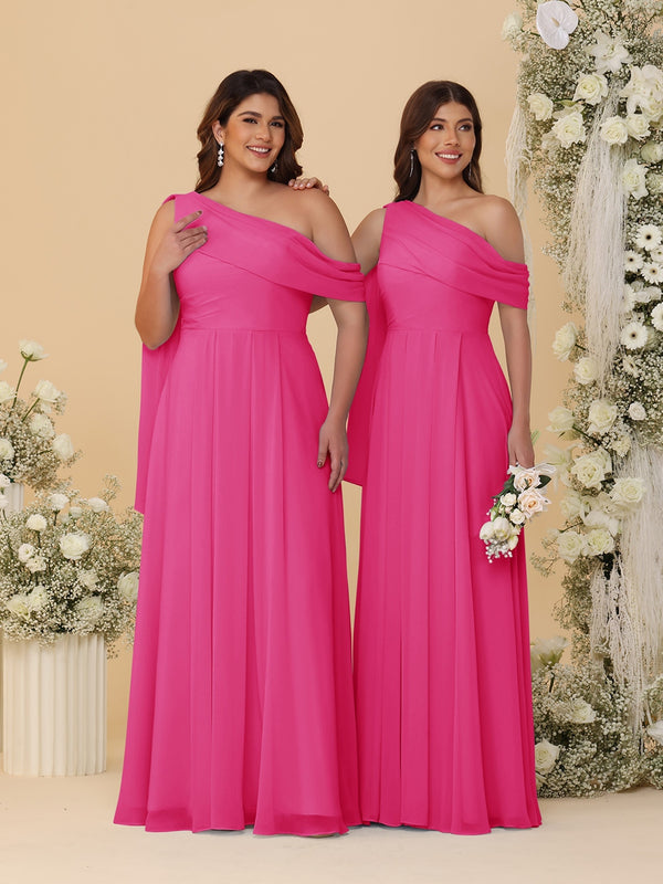A-Line/Princess One-Shoulder Floor-Length Plus Size Bridesmaid Dresses With Watteau Train