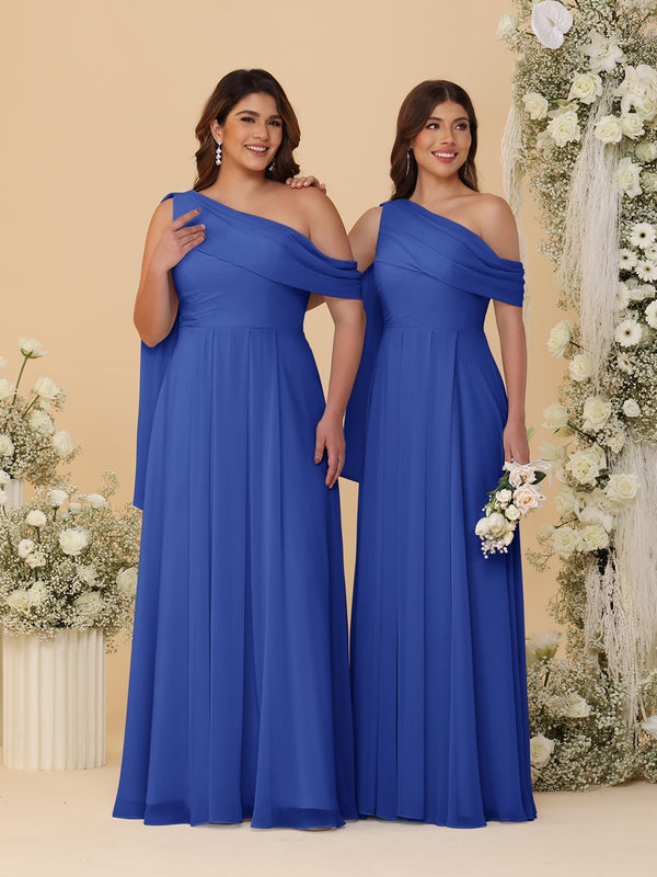 A-Line/Princess One-Shoulder Floor-Length Plus Size Bridesmaid Dresses With Watteau Train