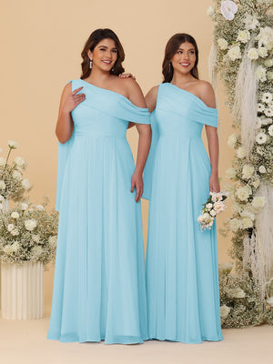 A-Line/Princess One-Shoulder Floor-Length Plus Size Bridesmaid Dresses With Watteau Train