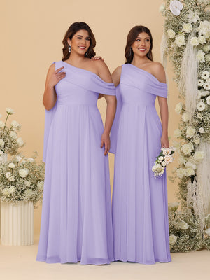 A-Line/Princess One-Shoulder Floor-Length Plus Size Bridesmaid Dresses With Watteau Train