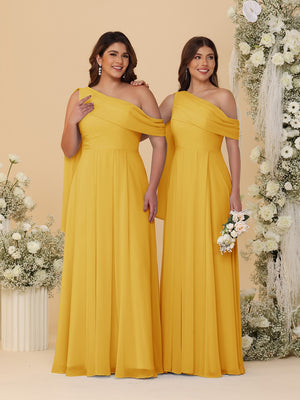 A-Line/Princess One-Shoulder Floor-Length Plus Size Bridesmaid Dresses With Watteau Train